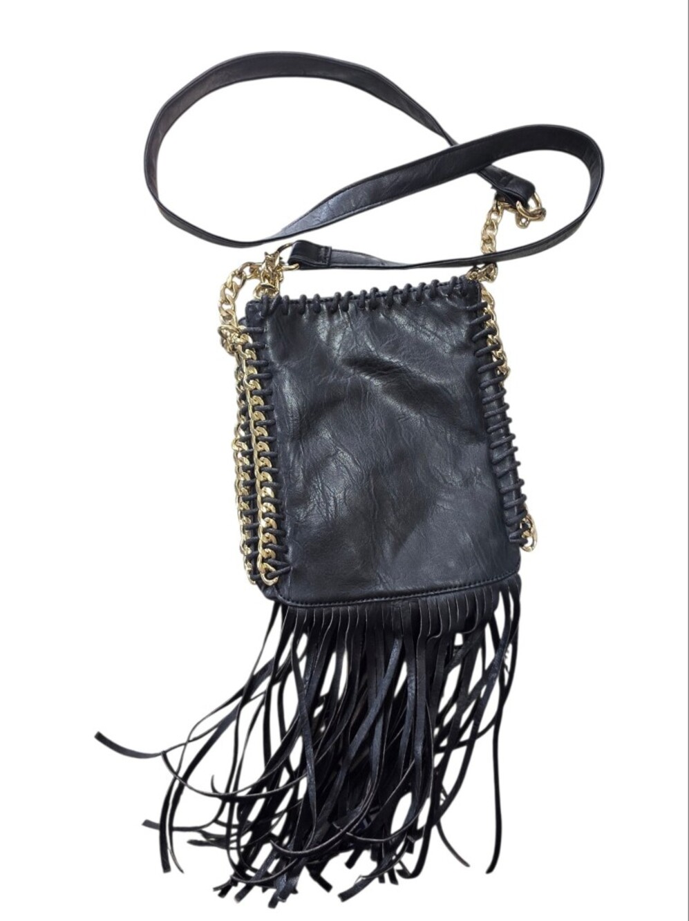 Moshion Black Leather Fringe Crossbody Bag Gold Chain Boho Festival Style
